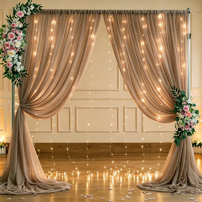 20 x 10ft Taupe Chiffon Backdrop Curtain with Lights String for Parties,4 Panels Sheer Tulle Curtain Wedding Backdrop for Baby Shower Birthday Party Ceremony Reception Home Decorations