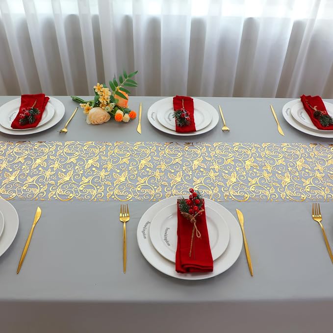 Snowkingdom 2 PCS Gold Table Runner 108 Inches Long, Gold Pinecone Flower Floral Table Decor for Winter Holiday Dining Kitchen Party New Year Home Decorations