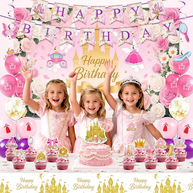 Princess Castle Birthday Party Decorations Set for Girls 3-14 Yrs, with Banner, Backdrop, Balloons, Cake Topper, Cupcake Toppers, Tablecloth, Quick and Easy Setup