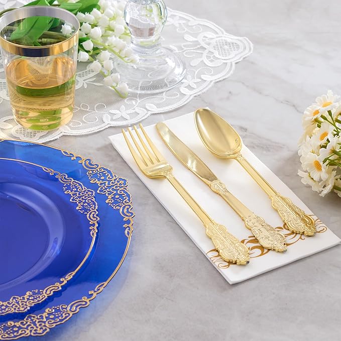 Fijinhom 350pcs Blue Plastic Plates, Elegant Disposable Dinnerware Set, 125 Pieces, White and Gold, Plates, Cups, Cutlery and Napkins (Blue, 50 Guests)