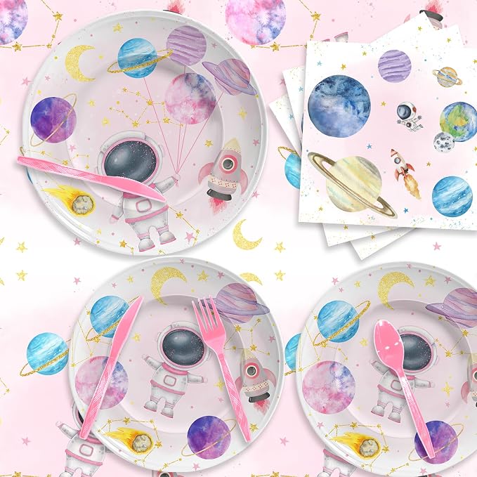 142PCS Space Theme Party Supplies For Girl, Birthday Paper Plates First Trip Around The Sun Astronaut Planet Cake Plate Tableware Dinner Set for Boys Girls Birthday Shower Forks