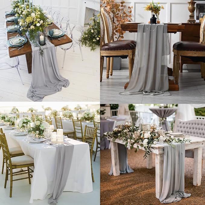 Fivenl 12 Pack Chiffon Table Runner - 27 x 120 Inches Sheer, Romantic for Wedding, Birthday, Party & Shower Decoration (Gray)