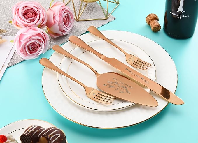 Wedding Cake Knife and Server Set, Rose Gold Cake Cutting Set for Wedding, 4 Pieces Set with Forks for Engagements, Anniversaries, Bride and Groom