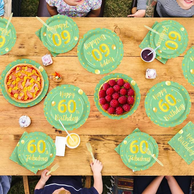96 Pcs 60th Birthday Decorations for Women Green and Gold 60th Birthday Plates and Napkins Sage Green Tableware Set for Women Men 60 Years Old Party Supplies, Serves 24
