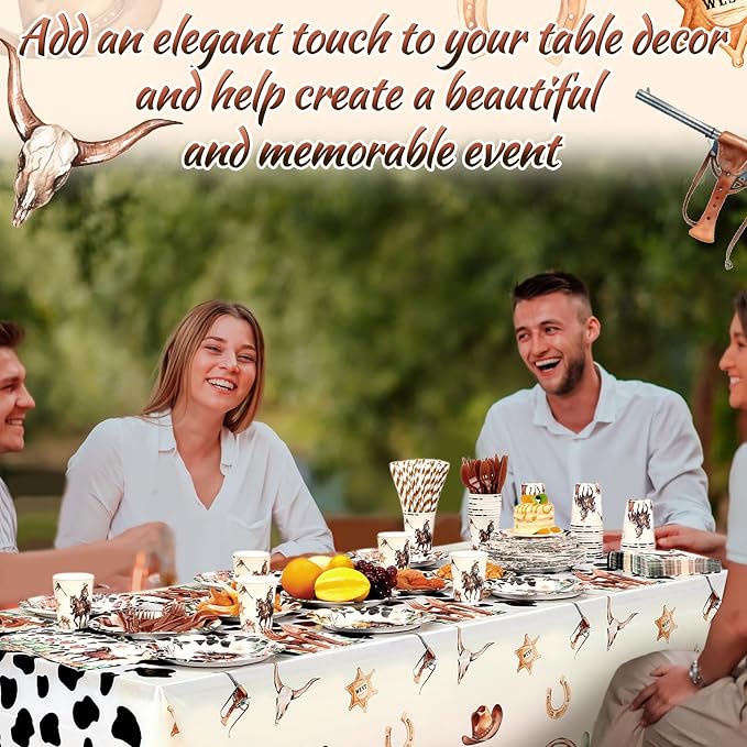 Potchen 452 Pcs Party Supplies Serve 50 Guests, Paper Plates Napkins Cups Cutlery Plastic Tablecloth Dinnerware for Birthday Wedding Party Decoration(Multicolor, Western Cowboy)
