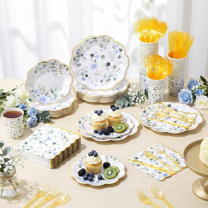 400 Pcs Sage Green Color Party Supplies Serve 50 Guests Eucalyptus Flowers Disposable Paper Plates Napkins and Cups for Bridal Baby Shower Birthday Wedding Party Decorations(Blue,Chic)