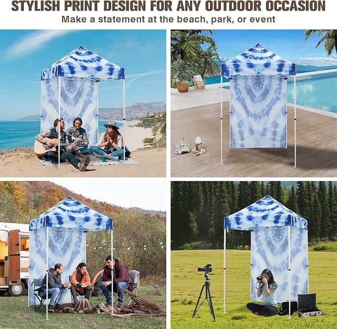 EAGLE PEAK Pop up Canopy 5x5, Outdoor Portable Canopy Tent with One Removable Sunwall, Carry Bag Included, Tie Dye Blue