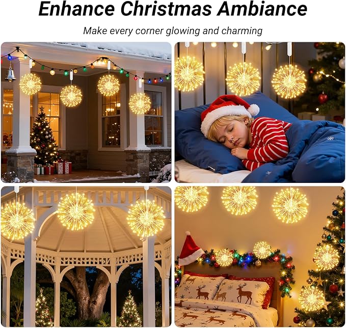 4 Pcs Hanging Firework Lights: Twinkle Fairy String Lights with Remote, 480 LED 8 Modes Dimmable, Indoor Outdoor Battery Operated Starburst Light for Garden, Patio, Party Xmas Decor