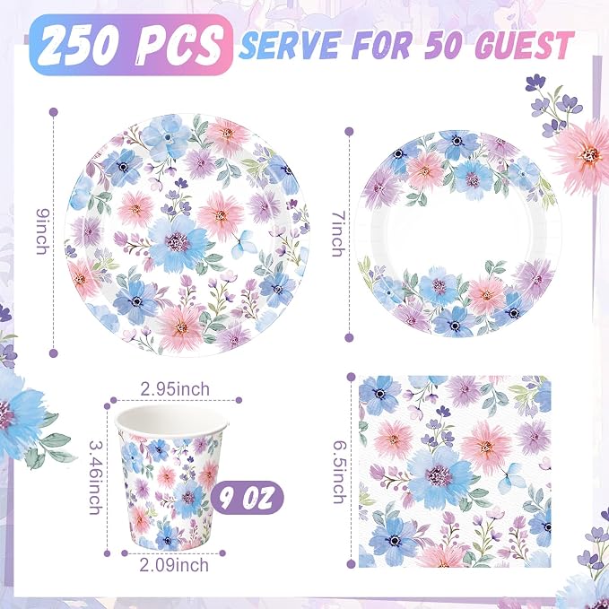 Ziliny 250 Pcs Spring Flower Party Decorations Include Watercolor Floral Paper Plates Napkins and Cups for Summer Wedding Baby Shower Tea Decorations, Serve 50 Guest
