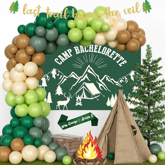 Hombae Camp Bachelorette Party Decorations, Green Camping Bachelorette Party Decorations, Last Trail Before The Veil Bachelorette Party Decor, Camp Themed Backdrop Balloon Garland Banner Sash 104Pcs
