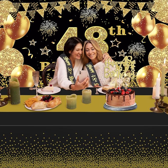 48th Birthday Decorations Men Women with 48th Birthday Banner, Black and Gold Table Cloth, Number Balloons, Large Sash, Cake Topper and Candles