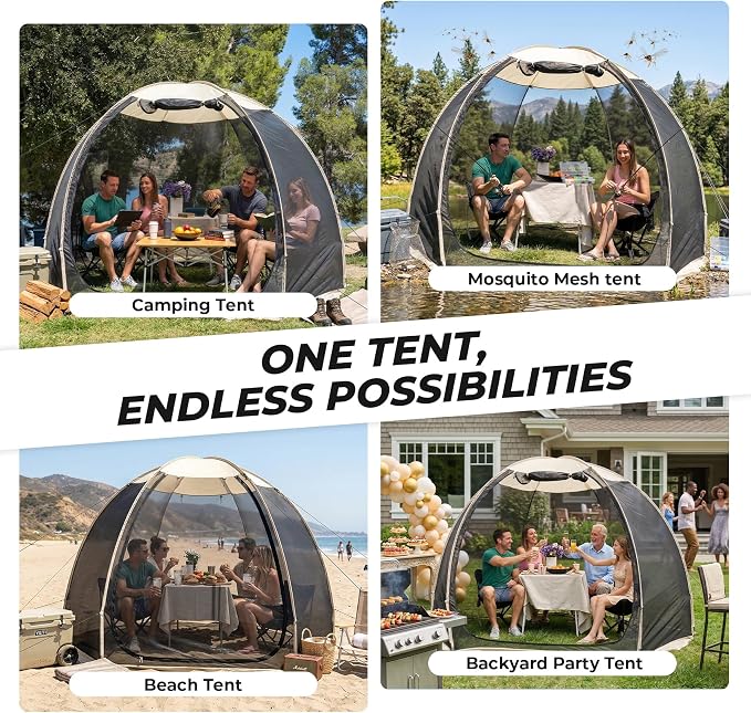 Alvantor® Screen House Mesh Tent, 10 x10 FT Pop Up Outdoor Gazebo with Sun Shade Mosquito Net for Backyard Garden, Beige