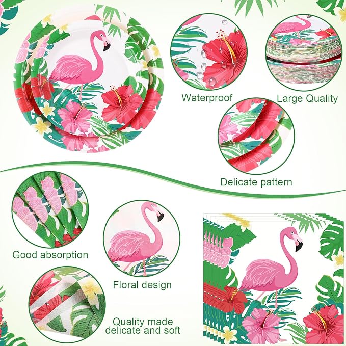 Funnymoom 400 Pcs Hawaii Flamingo Party Supplies for 50 Guests Tropical Flower Disposable Plates Napkins Cups Spoons Forks Knives for Summer Beach Birthday Hawaii Decorations