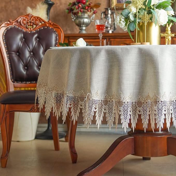 ARTABLE Lace Table Cloth Linen Grey Rustic Farmhouse Elegant Tablecloth Coffee Table Cover for Kitchen Home Dining (Stone Grey, 60 Inch Round)