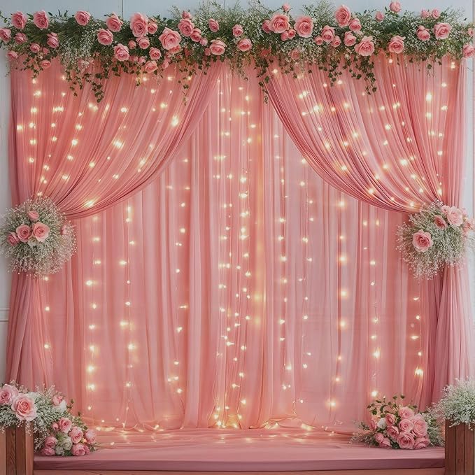 20ft x 10ft Dusty Rose Chiffon Backdrop Curtain with Lights String for Parties,4 Panels Sheer Tulle Curtain Wedding Backdrop for Baby Shower Birthday Party Ceremony Reception Home Decorations