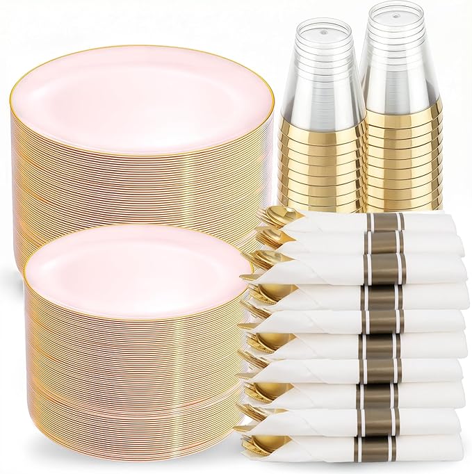 KIRE 350 PCS Pink Plastic Plates - Pink and Gold Disposable Dinnerware 50 Guest Include 50 Dinner Plate - 50Dessert Plate - 50Pre Rolled Napkins with Silverware for Mother's Day/Wedding/Baby Shower