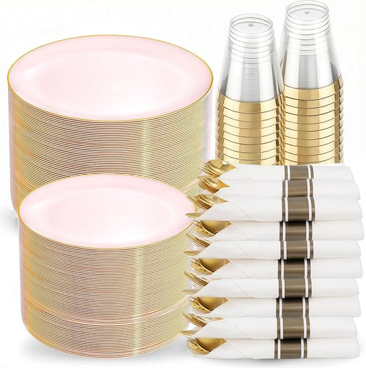 KIRE 350 PCS Pink Plastic Plates - Pink and Gold Disposable Dinnerware 50 Guest Include 50 Dinner Plate - 50Dessert Plate - 50Pre Rolled Napkins with Silverware for Mother's Day/Wedding/Baby Shower