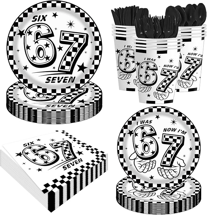 170Pcs 6 7 Birthday Decorations, Black White Checkered Themed Disposable Table Cover, and I Was 6 Now I'm 7 Seven Birthday Theme Party Tableware Set For 24 Guests