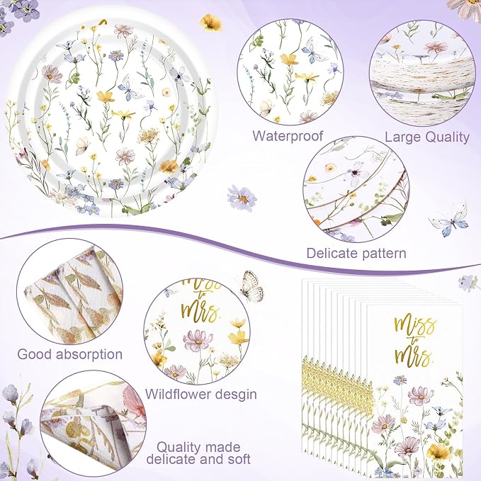 Funnymoom 250 Pcs Miss to Mrs Wildflower Party Decorations Floral Wedding Paper Plates Napkins and Cups Disposable Tableware Set for Wedding Bridal Shower Engagement Party Supplies, Serves 50