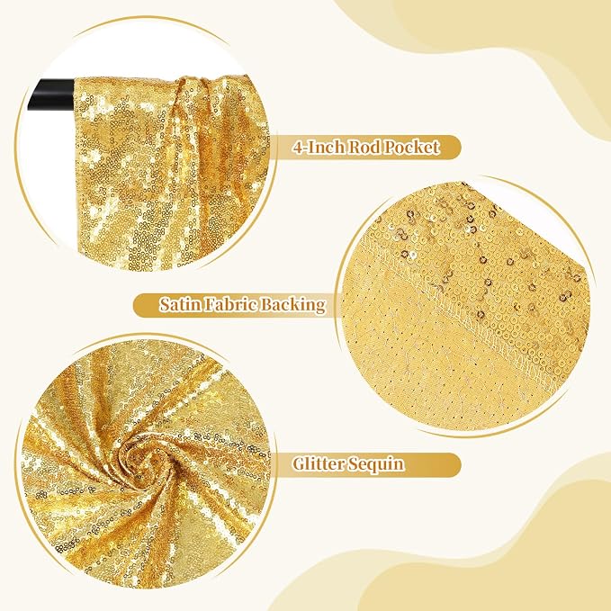 SquarePie 6x6ft Gold Sequin Backdrop for Photography, Satin-Backed Real Sequin Curtain, Enhanced Coverage Shimmering Background with 4" Rod Pocket for Wedding, Birthday, Party Decor, 1 Panel