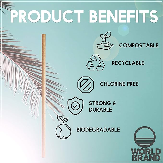 World Brand 250 Count Kraft Paper Straws - Eco-Friendly Party Supplies - Biodegradable Drinking Straws - Plastic & Dye Free - Unwrapped - Perfect for Juices, Shakes, Smoothies, Ice Coffee & More