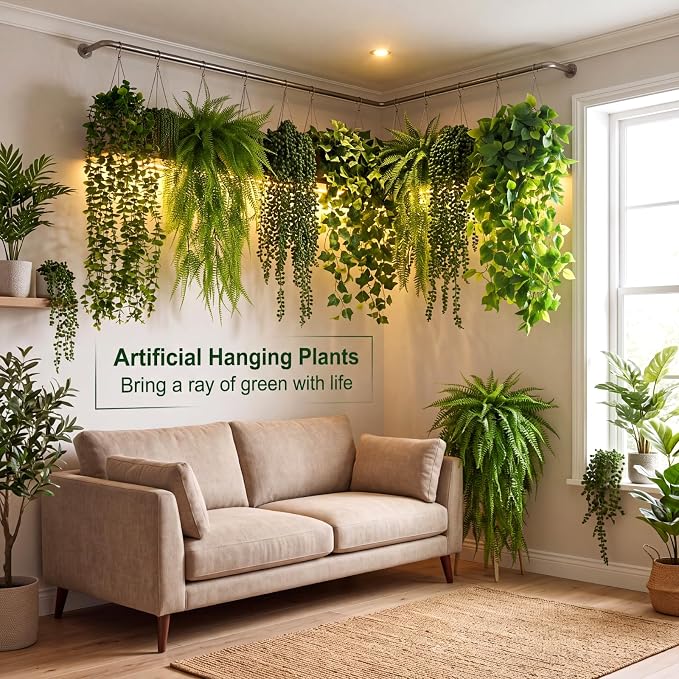 Daifunli 72 Pcs Artificial Hanging Plants Fake Hanging Ferns Plastic Fake Plant for Wall Room Garden Garland Indoor Outdoor Decor No Basket (Boston,Eucalyptus,Ivy Vine,String of Pearls)