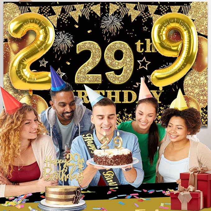 29th Birthday Decorations Men Women with 29th Birthday Banner, Black and Gold Table Cloth, Number Balloons, Large Sash, Cake Topper and Candles