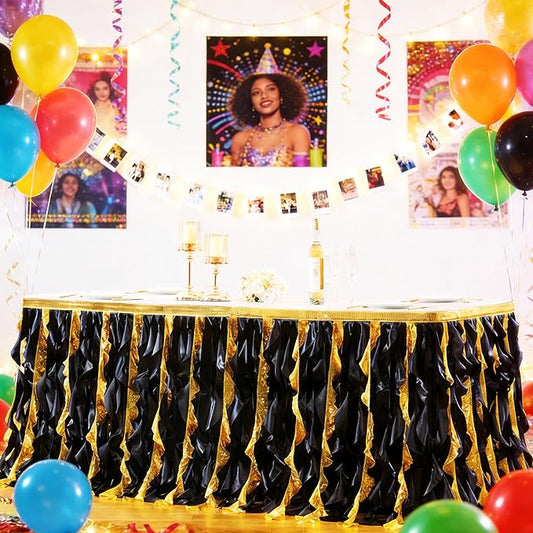 Wish Care 9ft Black Gold Sequin Tutu Table Skirt for Rectangle Tables Glitter Curly Willow Table Skirting Ruffle Table Cloth Desk Skirts for 50th Birthday Graduation Prom Theme Party Decorations