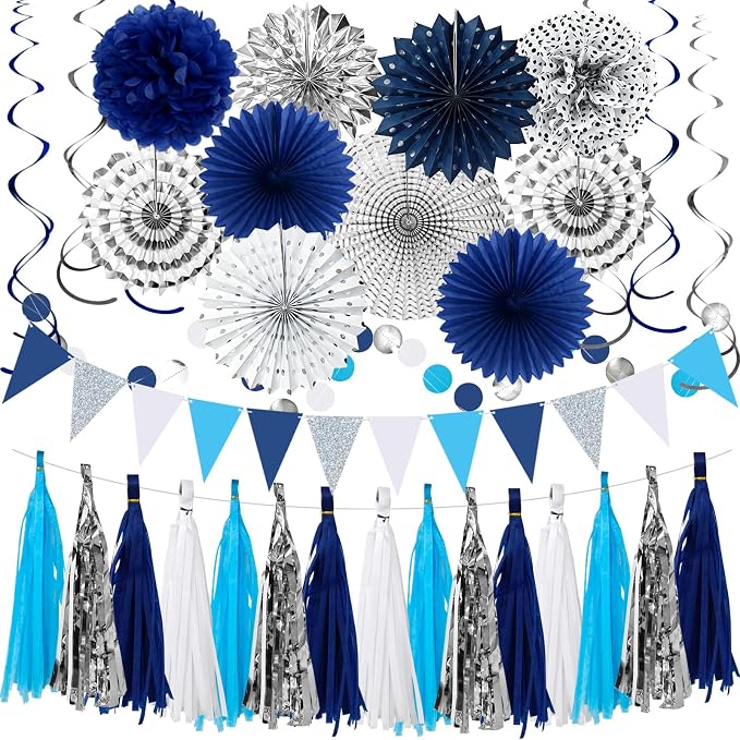 33 Pcs Navy Blue and Silver Party Decorations Kit - Reusable Paper Fans, Pom Poms, Tassel Garland & Banner - Elegant Decor for 2026 Graduation, Birthday, Wedding & Bridal Shower