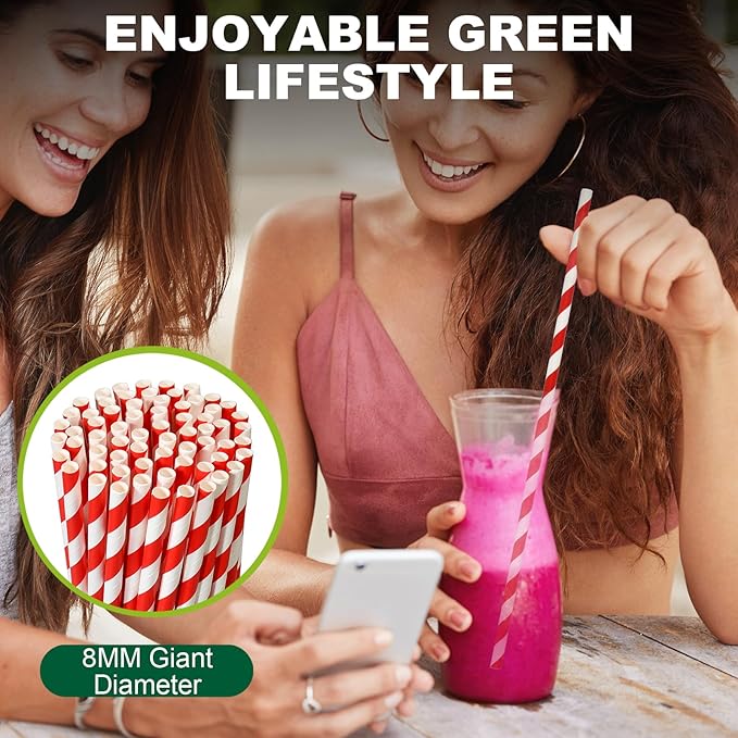 12 Inch Extra Long Large Paper Drinking Straws 8mm Wide - For Smoothies, Shakes, Tall Drinks, 40oz Tumblers - Red Stripe, 100 Count - 100% Biodegradable