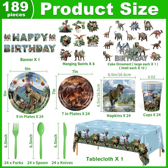 Dinosaur Birthday Party Supplies for 24 Guests, 203PCS Dinosaur Party Decorations with Banner, Tablecloth, Plates, Cups, Napkins, Cutlery, Hanging Swirls, Cake Toppers, Jurassic Party Pack