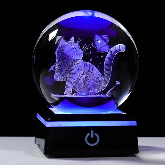 Qianwei Crystal Ball - 3D Laser Cat Decor Glass Animals Red Bird Figurines Statue & Night Light