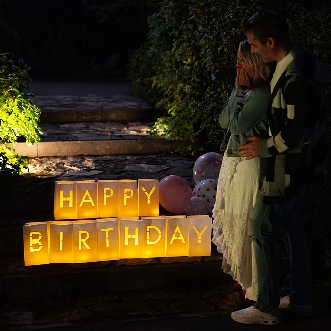 WYMM Happy Birthday Decorations for Women & Men - Surprise Set with Light Up Letters, 30 Tea Light Candles, 2000 Red & Pink Rose Petals - Luminary Bags to Create a Beautiful Happy Birthday Banner Sign