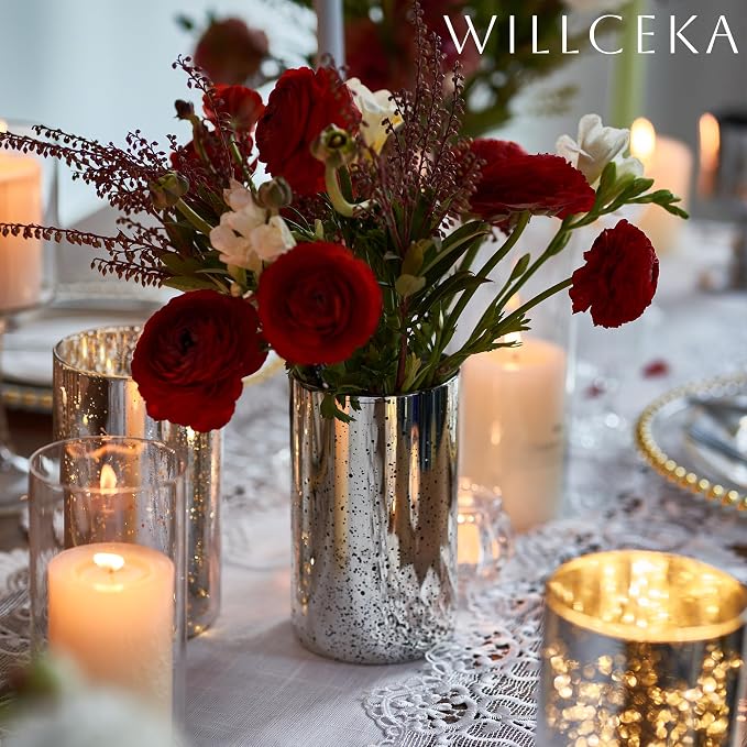 Willceka Silver Cylinder Vases for Centerpieces, Modern Glass Vase Set of 12 Decorative Hurricane Candle Holder for Pillar Candle Holders Flowers for Table Centerpiece, Sliver