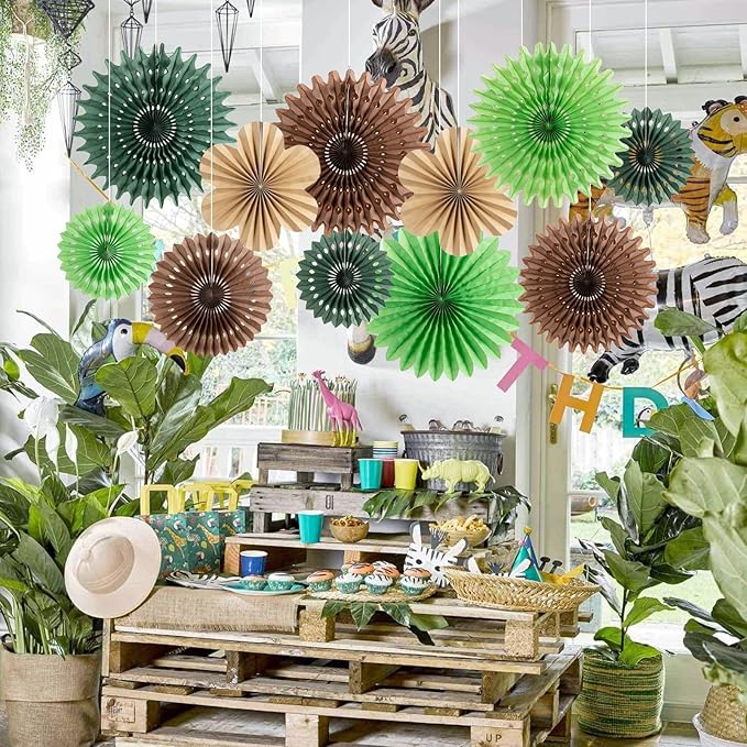 11 Pcs Hanging Paper Fans Decoration Green and Brown Paper Flowers Deco Tropical Jungle Birthday Party Decorations for Summer Safari Carnival Party Supplies