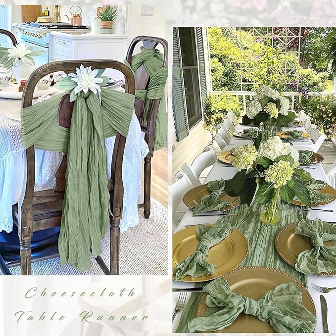 12 Pack Sage Green Cheesecloth Table Runner 17 x 108 Inch Gauze Table Runner Fabric Semi Sheer Cheese Cloth Table Decor Bulk for Rustic Romantic Wedding Baby Shower Table Decoration