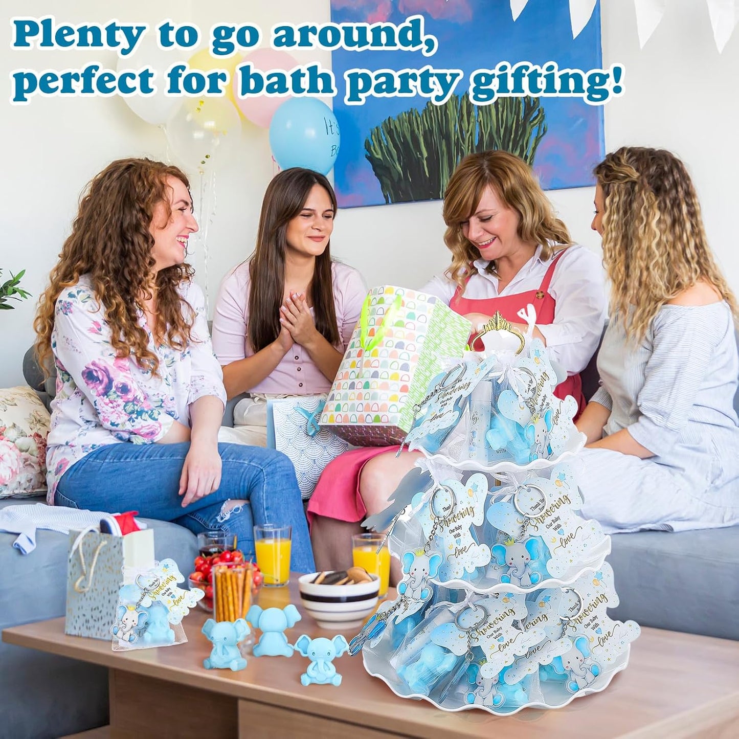 288 Baby Shower Favors Baby Shower Gifts Bulk Lip Balms Soaps Keychains Organza Bags Guest Appreciation Gift with Thank You Tags and Cards for Boys Girls Guest Gift(Blue,Elephant)