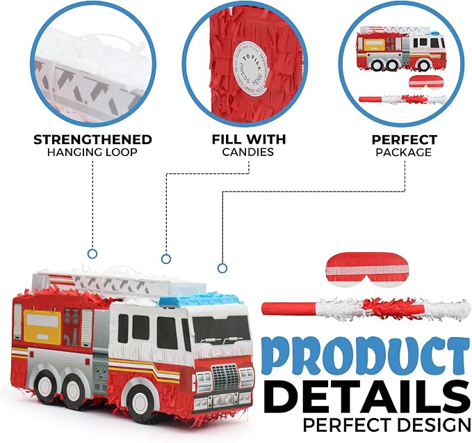 Small Fire Truck Pinatas Bundle with a Blindfold and Bat(16.1x8x5.1 Inches), Perfect for Firetruck Birthday Decorations, Boys Birthday Party Supplies