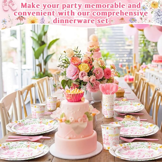 400 Pcs Pink Wildflower Girl Baby Shower Party Decoration for 50, Baby in Bloom Paper Plates Napkins and Cups Cutlery Floral Tableware Set for a Sweet Babys Is on Her Way Party Supplies
