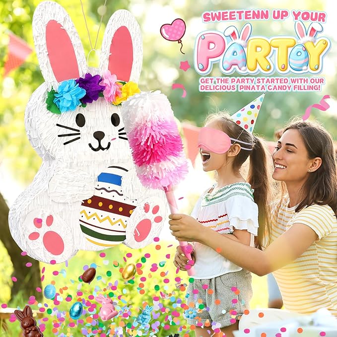 25" Large Bunny Pinata for Kids Birthday Party - Cute White Rabbit Party Supplies with Matching Stick, Blindfold & Confetti - Sturdy Spring Theme Decor for Easter & Baby Shower