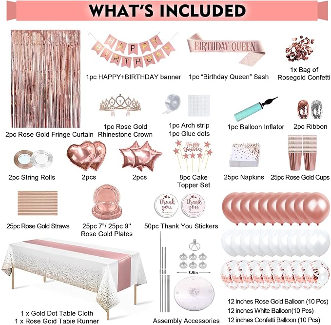 253 Pcs Birthday Decorations for Women, Rose Gold Party Decorations for Women, Party Decoration Supplies, Tableware Kit, Banner, Tassel Curtain, for 25 Guests
