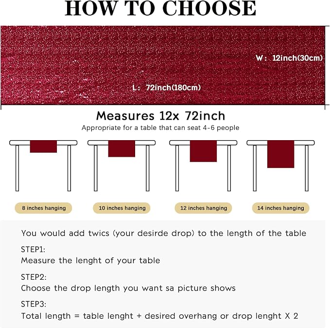 10 Packs 12 x 72 inches Sequin Table Runner, Burgundy Glitter Table Runner for Birthday Party Supplies Wedding Engagement Baby Shower Holiday Celebration Event Decorations