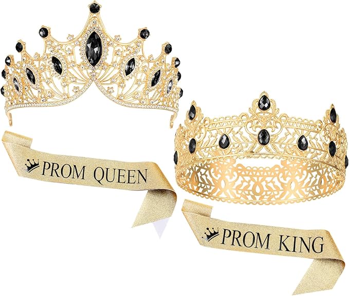 Ferreve 4 Pcs Prom King and Queen Crowns and Sashes Set Graduation Prom King and Queen Tiara Sash for 80's Prom Party Favors(Black)