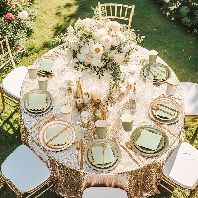 Mimorou 338 Pcs Sage Green Plates and Napkins Party Supplies for Guests Sage Green Tableware Include Scalloped Plates Paper Napkin Cup Spoon Fork Knife for Baby Shower, Wedding, Birthday