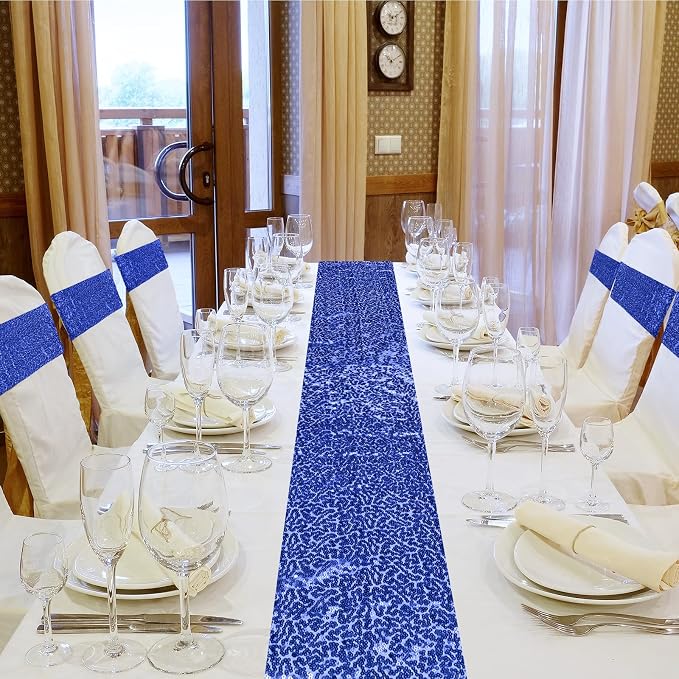 Newwiee 54 Pcs Blue Sequin Chair Sashes and Table Runners, 48 Sequin Chair Bows, 6 Glitter Table Runners for Birthday Party Wedding Banquet Holiday Decorations