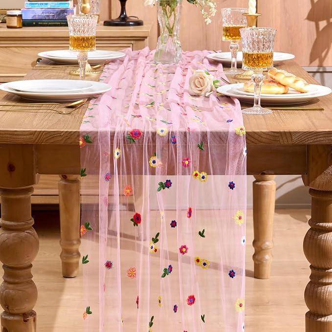 QueenDream Floral Table Runner 10FT Pink Wildflower Table Runners Linens 120 Inch Sheer Gauze Tulle Fabric for Baby Shower Home Wedding Tea Birthday Parties