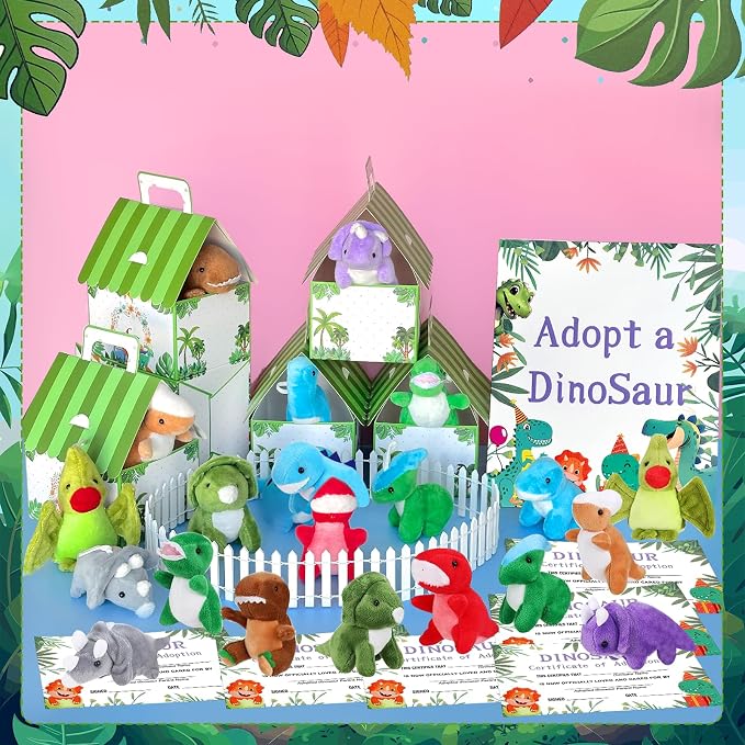 63 Pcs Adopt a Dinosaur Party Favors Include 20 Mini Dinosaur Stuffed Animals 20 Foldable House Gift Boxes 20 Adoption Card 1 Adoption Sign 2 Fence for Adopt A Pet Party Dino Birthday Supplies