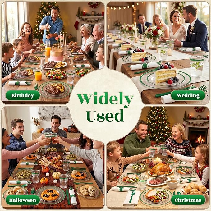 350pcs Plastic Plates for Party Clear & Green | Disposable Plastic Dinnerware Set for 50 Guests Include 100 Plastic Plates,50 Cups & 50 Pre Rolled Napkins with Cutlery Set