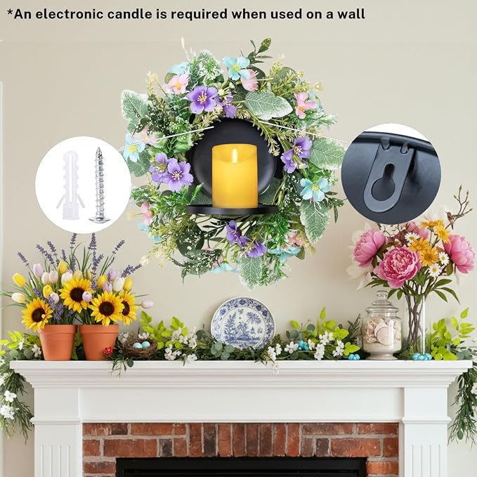 MOYEE Summer Centerpieces for Tables Candle Ring, Black Metal Candlestick with an Artificial Wreaths 14 in Versatile Dining Table Centerpiece Decor (Blue and Purple Flower Wreath)