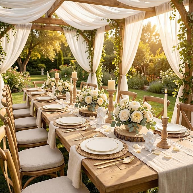 I00000 150Pcs Ivory Plastic Plates with Gold Rim,Nice Disposable plates,Gold Plastic Plates,Ivory Disposable Plates Set include 30 Dinner Plate,30 Dessert Plate,90 plastic Silverware Set for Party